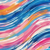 This abstract painting features vibrant blue, pink, and yellow colors blending and intersecting in dynamic patterns, creating a visually striking composition.