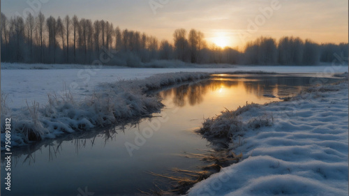 landscape winter forest and hills with reflection in the water  In sunset