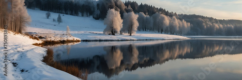landscape winter forest and hills with reflection in the water. ai generative