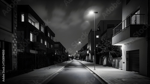 Nocturnal Serenity on a Residential Street in Monochrome - Generative AI