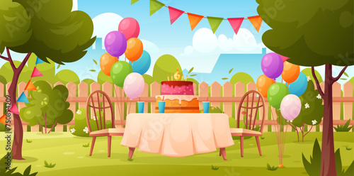 House backyard. Vector illustration of celebration children birthday with colorful balloons, party cake, candles, flags, garden table and chair. Spring or summer garden landscape. Birthday parties