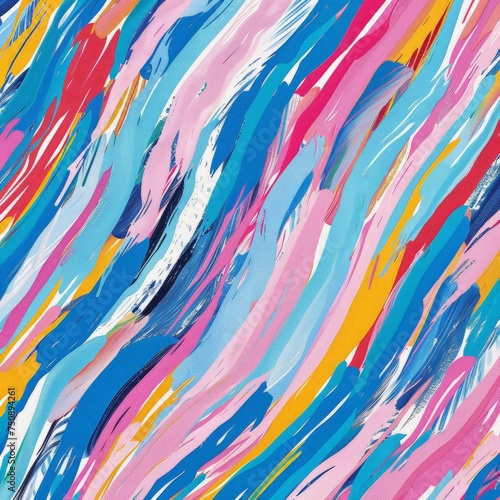This abstract painting showcases a vibrant mix of blue, pink, and yellow colors creating a dynamic and modern composition.