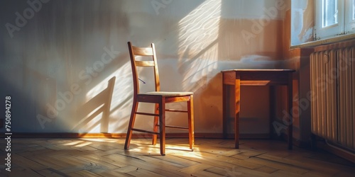 Wooden chair by the desk bathed in soft light invites a sense of calm and focus.