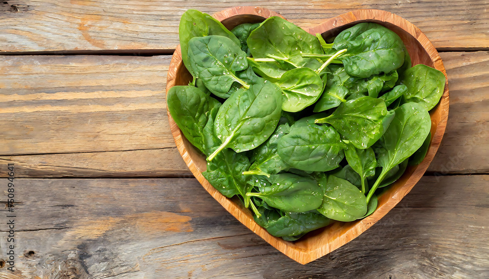 Fresh spinach leaves in heart shaped  plate on wooden table.  Heart Healthy Foods concept