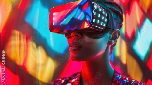 This image illustrates a person clad in a VR headset, illuminated by a rich tapestry of vivid, multicolored light