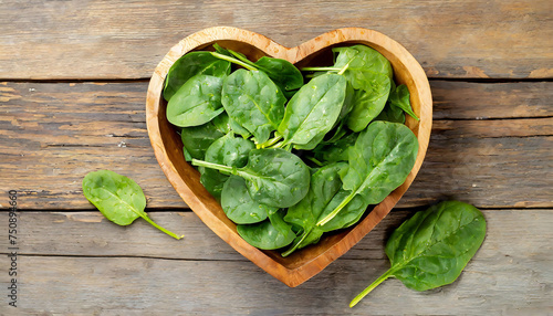 Fresh spinach leaves in heart shaped  plate on wooden table.  Heart Healthy Foods concept