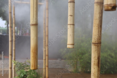 hanging wet bamboo sticks and water droplets