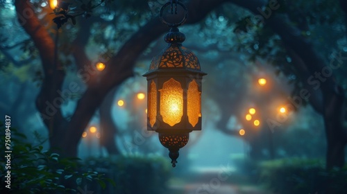 a lantern hanging from a tree in the middle of a park at night with lights on the trees and on the ground. photo