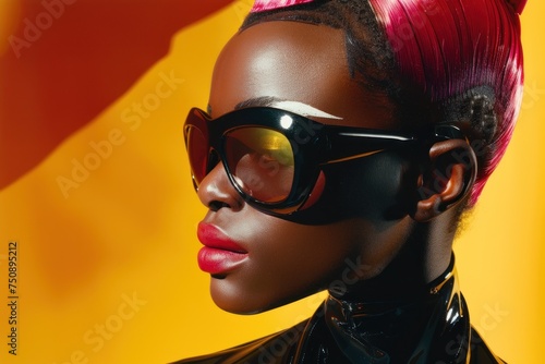 A rear viewpoint of a sleek person with neon pink hair and a futuristic, glossy black outfit