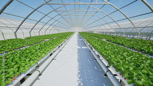 Strawberries plant in the greenhouse, 3d render 