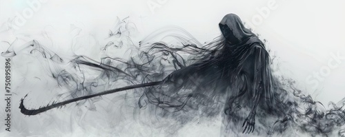 Silhouette of grim reaper death with scythe photo