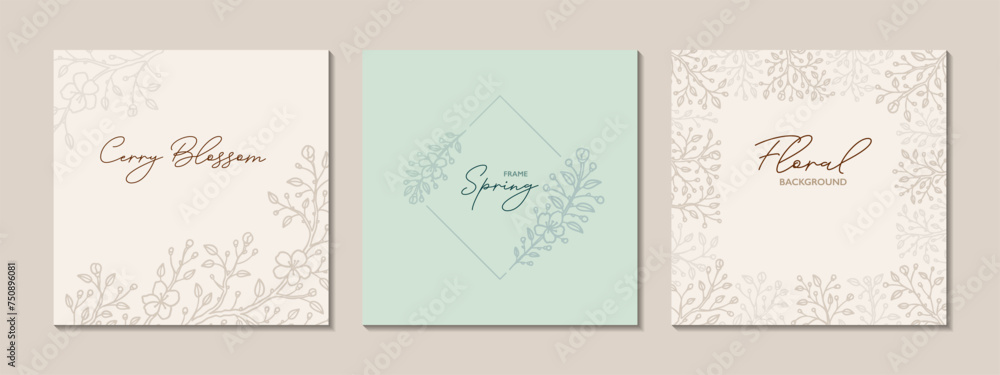Floral social media post template set. Sakura blossom background in pastel colors. Flower elegant modern design. Greeting card, wedding invitation, corporate certificate, beauty spa salon design Floral social media post template set. Sakura blossom background in pastel colors. Flower elegant modern design. Greeting card, wedding invitation, corporate certificate, beauty spa salon design