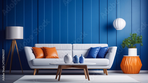 A modern living room with a vibrant white and blue color blocking pattern on the walls