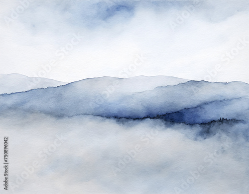 A watercolor background. Gray-blue landscape with images of mountains and fir trees.