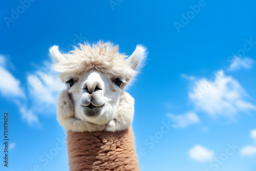 Funny alpaca in front of blue sky