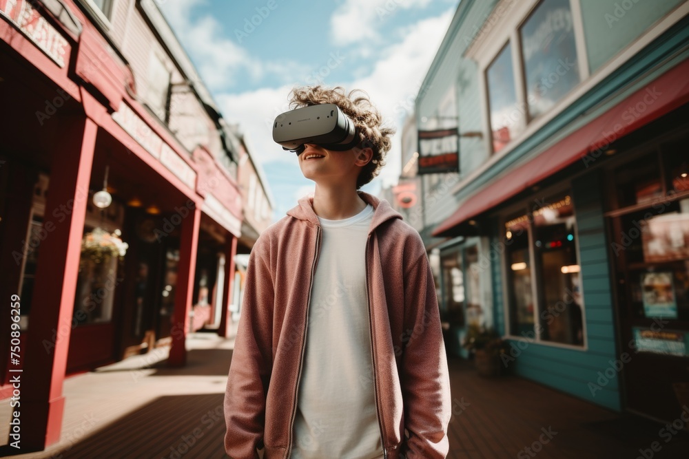 an in vr glasses on sunlit street with space for text an in vr glasses on sunlit street with space for text