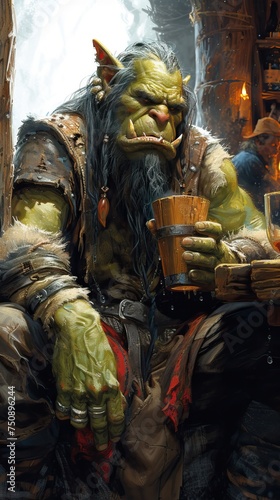 Orc sitting in a tavern relaxing while drinking in a wooden cup, aggressive, ugly, and malevolent race of fantasy monsters