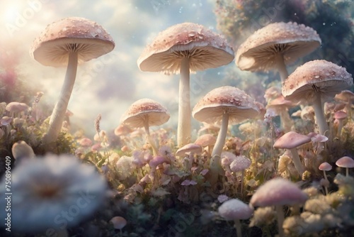 Whismical mushrooms closeup. AI generated illustration