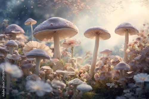 Whismical mushrooms closeup. AI generated illustration