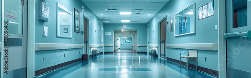 Hospital corridor with blue walls and white floor.