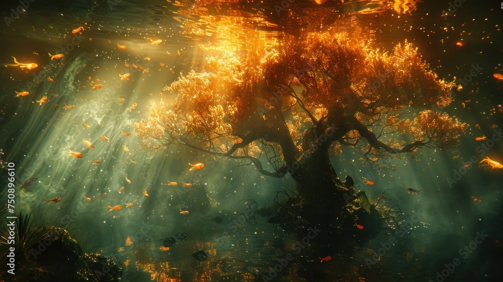 a painting of a tree in the middle of a forest with lots of leaves falling off of it's branches. a painting of a tree in the middle of a forest with lots of leaves falling off of it's branches.