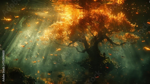 a painting of a tree in the middle of a forest with lots of leaves falling off of it's branches.