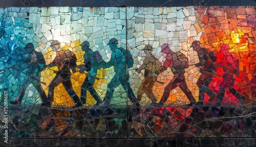 Mosaic Freedom Fighters: People standing before a mosaic mural, ideal for social justice concepts.