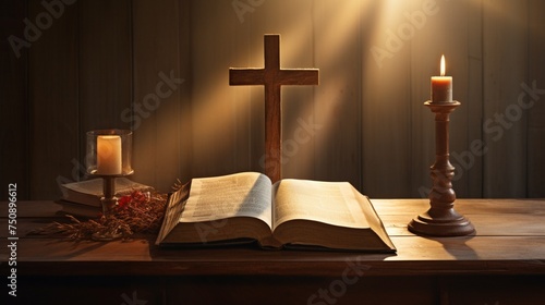 wooden cross on opened holy bible book at light wooden church table.