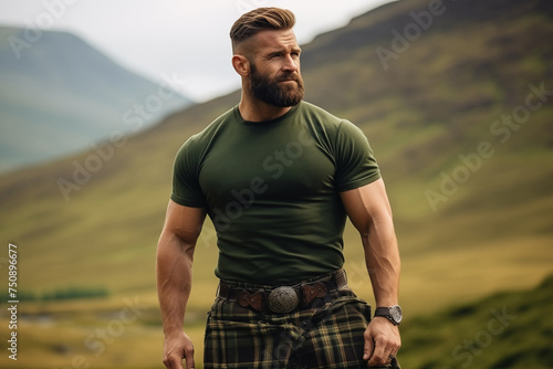 Scottish brutal man in a kilt and T-shirt stands against the background of a valley and mountains photo