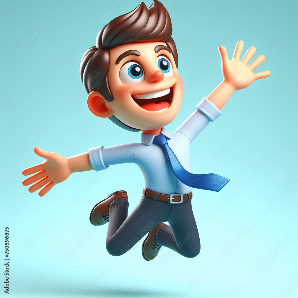 Joyful businessman leaps in 3D cartoon style, vibrant colors, exaggerated features, happy expression animated film concept, generative AI. Joyful businessman leaps in 3D cartoon style, vibrant colors, exaggerated features, happy expression animated film concept, generative AI.