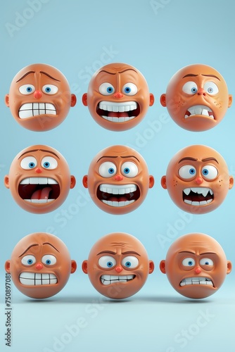 A group of yellow round smiley characters with funny facial expressions. 3d illustration