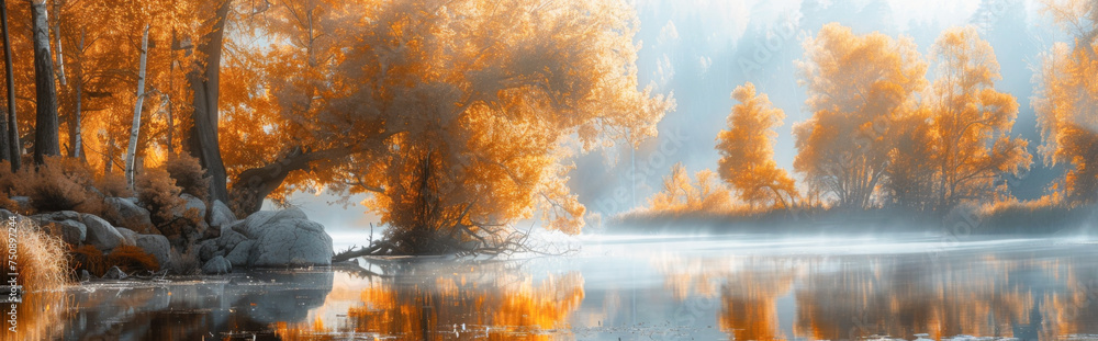 Autumn landscape. Trees in the fog on the river bank.
