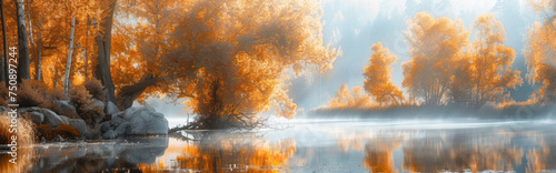Autumn landscape. Trees in the fog on the river bank. 