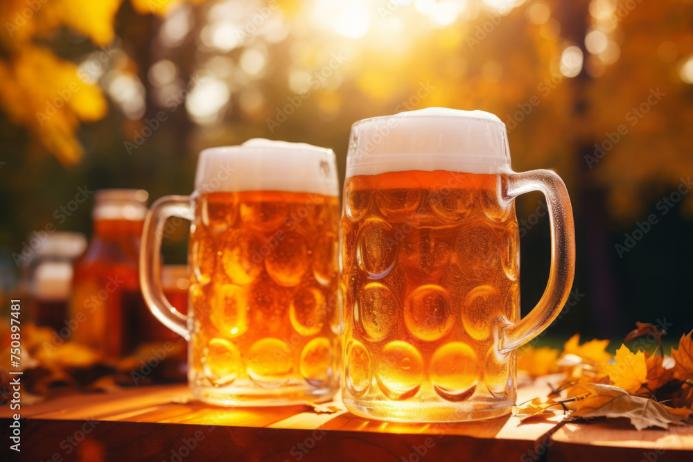 glass mugs with beer, Oktoberfest beer festival. a low-alcohol drink. glass mugs with beer, Oktoberfest beer festival. a low-alcohol drink.