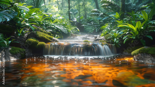 Beautiful stream painting in tropical forest - beautiful natural landscape in the forest.