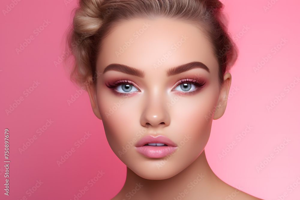 Face of beautiful woman with pink lipstick and eyeshadow makeup in front of studio background Face of beautiful woman with pink lipstick and eyeshadow makeup in front of studio background