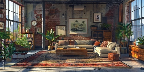 Living space balances industrial chic with cozy elements for an inviting urban retreat.