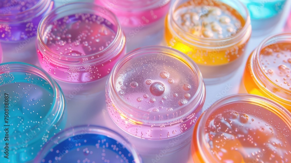 Abstract laboratory concept with Petri dishes containing glowing bacterial colonies with a pastel iridescent effect, minimalist design Abstract laboratory concept with Petri dishes containing glowing bacterial colonies with a pastel iridescent effect, minimalist design