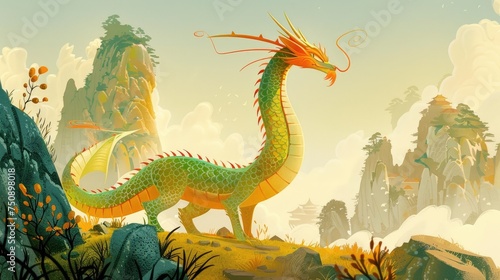 Colorful Chinese Dragon Illustration in a Forest © Sataporn