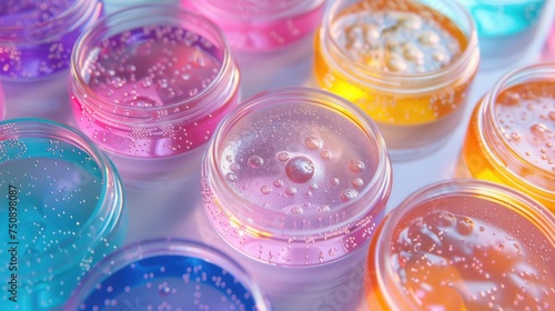 Abstract laboratory concept with Petri dishes containing glowing bacterial colonies with a pastel iridescent effect, minimalist design