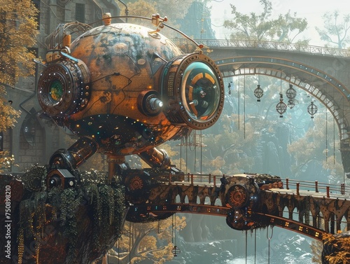 Futuristic Sphere and Robot on a Bridge in Steampunk Style