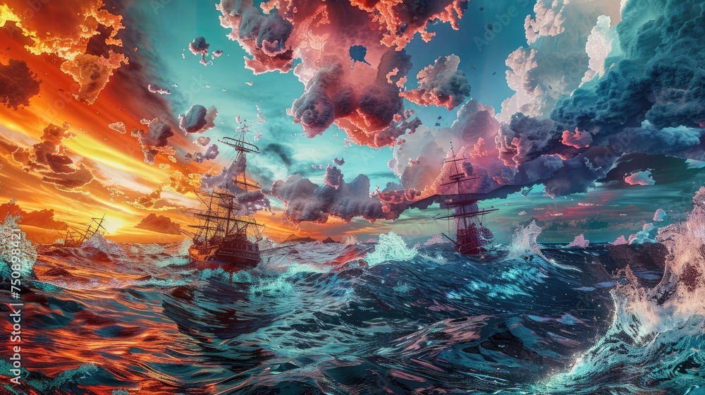 Stormy Ocean with Boats in Psychedelic Style