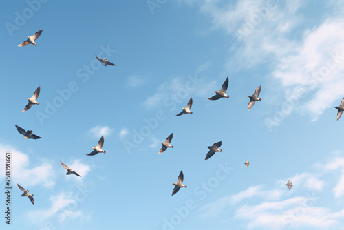 Flock of Birds Flying in V Formation Against a Blue Sky