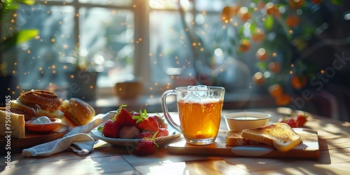The charm of morning is captured with a delightful breakfast of toast and coffee in soft sunlight
