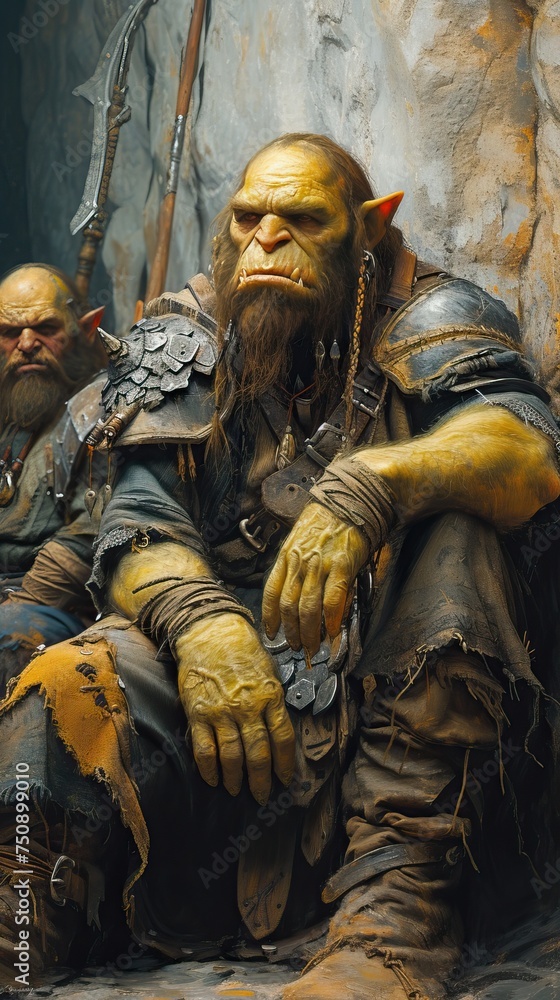 Orc sitting in a tavern relaxing while drinking in a wooden cup, aggressive, ugly, and malevolent race of fantasy monsters