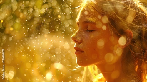 a young girl with her eyes closed and her hair blowing in the wind in front of a boke of raindrops. photo