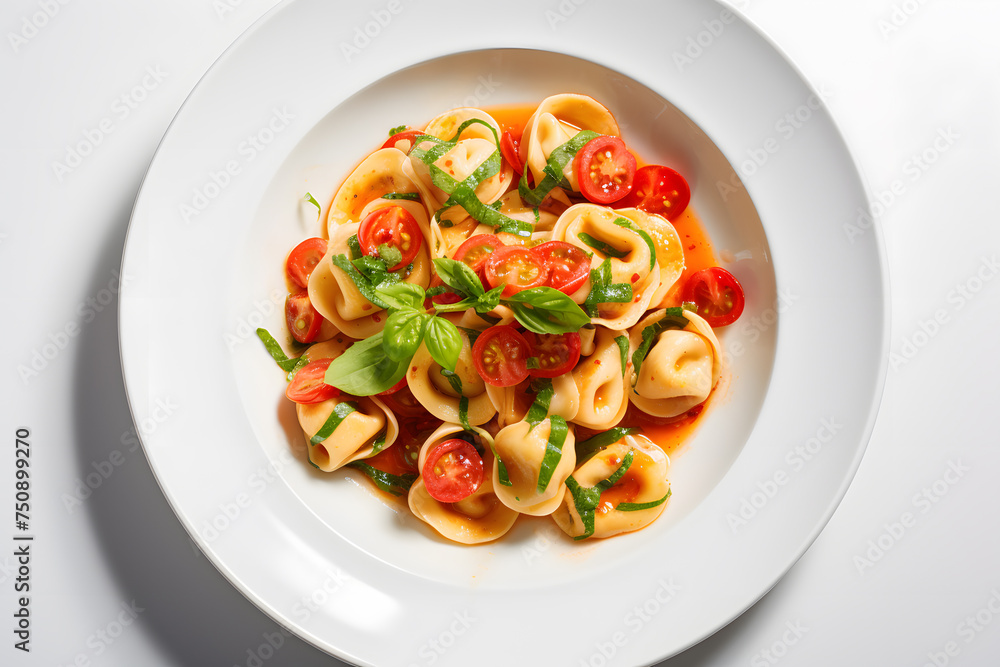 Top view of plate with tortellini pasta, tomatoes and basil Top view of plate with tortellini pasta, tomatoes and basil