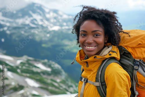 Happy black female hiker enjoys in walk in mountains.