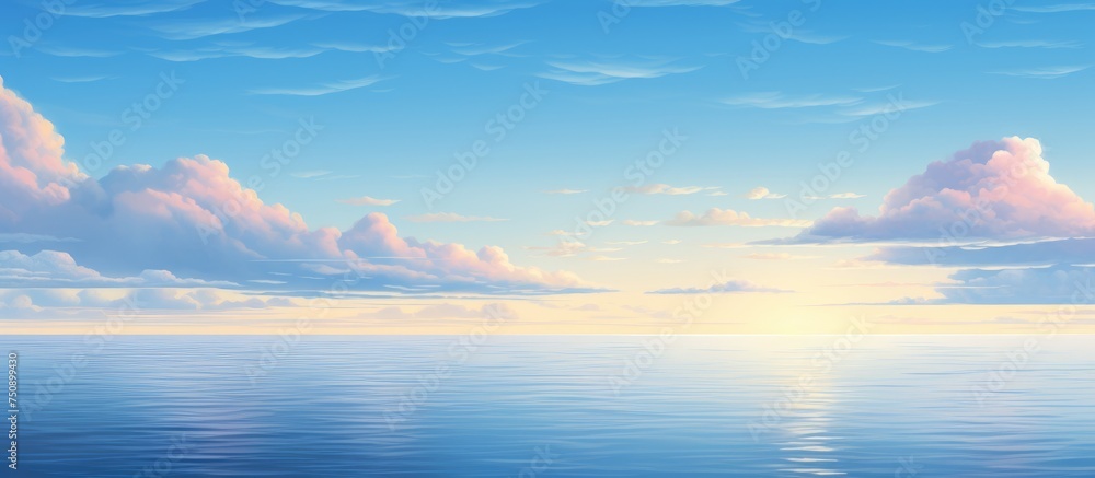 A large body of clear blue water under a calm evening sky, enveloped by thick clouds, creating a tranquil and serene atmosphere. The clouds cast shadows on the water, giving the scene a peaceful aura.