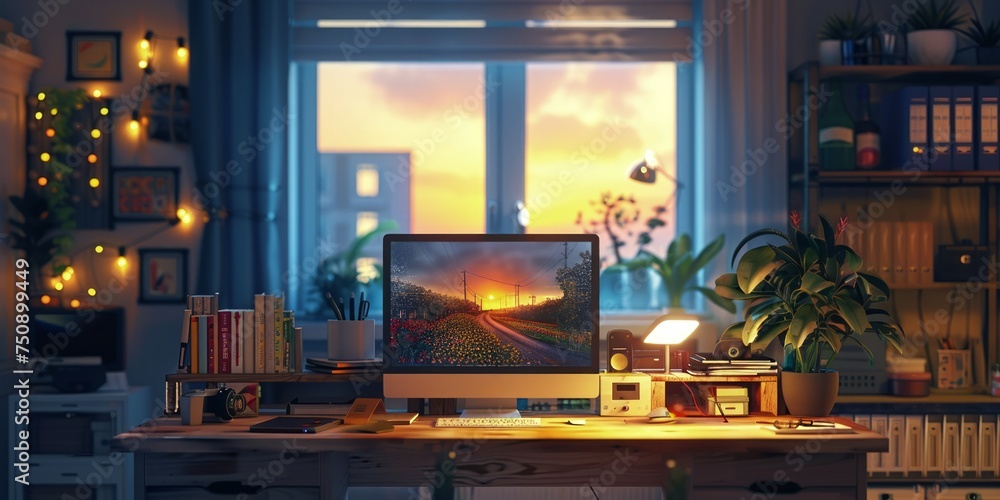 A tidy workspace bathed in warm light, where simplicity meets productivity amidst greenery A tidy workspace bathed in warm light, where simplicity meets productivity amidst greenery